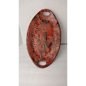 Handicrafted Oval Glazed Pottery Lace Floral Serving Tray Signed David Smith USA